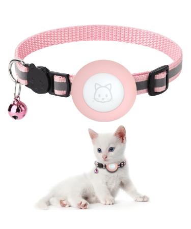 Airtag Cat Collar with Breakaway Bell, Reflective Adjustable Strap with Air Tag Case for Cat Kitten Pink