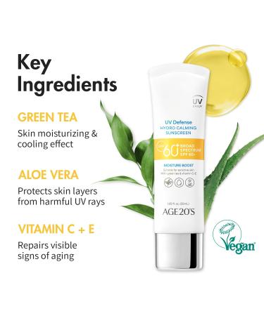 AGE20'S UV Defense Hydro Calming Sunscreen SPF 60+ | Korean Sunscreen | Moisturizing Creamy Formula No White Cast Lightweight Finish | Green Tea + Aloe Vera | Dermatest Excellent | 1.69 fl.oz*1 1.69 Fl Oz (Pack of 1) - Buy Online on GoSupps.com
