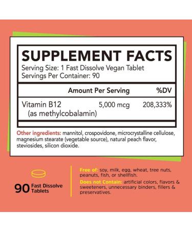 Gutcha Vitamin B12 5000 mcg Bioactive Methylcobalamin | Nerve, Heart, & Brain Health | Energy Production | Non-GMO & Gluten-Free | Natural Peach Flavor | 90 Vegan Fast Dissolve Tablets - Buy Online on GoSupps.com