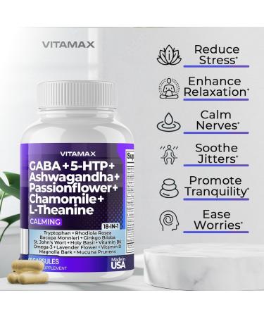 Shop GABA 500mg 5-HTP 150mg & Ginkgo Biloba - Calming Vitamins for Men & Women | Made in USA (60 Count - Buy Online on GoSupps.com
