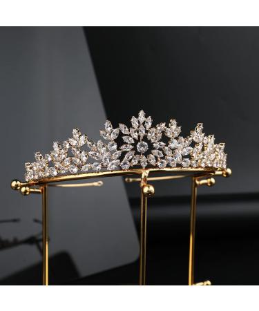 QXMYOO Small Wedding Tiaras and Crown for Women 5A Cubic Zirconia Small Bride Headpiece Sweet 16 Quinceanera Crown Bridal Hair Jewelry Coronas Para 15 Anos Quinceaneras 2023 (Gold)