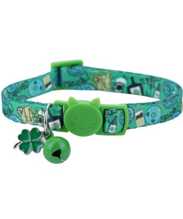 BoomBone St Patricks Day Cat Collar with Bell and Shamrocks Charm,Breakaway Small Dog Collar