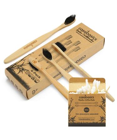 CasaBasics Organic Bamboo Toothbrushes | 4 Pack with Free Bamboo Cotton Buds | Natural Wooden Toothbrush | Unique Bristle Shape, Medium Firm | Biodegradable Eco Friendly Vegan