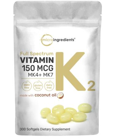 Micro Ingredients Full Spectrum Vitamin K2 MK-4 + MK-7 Supplement 150 mcg 300 Coconut Oil Softgels 300 Count (Pack of 1) - Buy Online on GoSupps.com