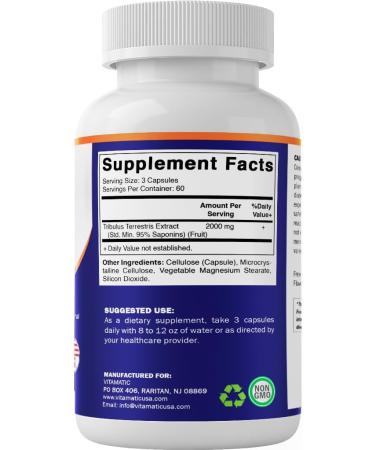 Vitamatic Tribulus Terrestris for Men - 2000 mg per Serving - 95% Saponins - 180 Vegetable Capsules - Made in The USA - Gluten Free & Non-GMO - Buy Online on GoSupps.com
