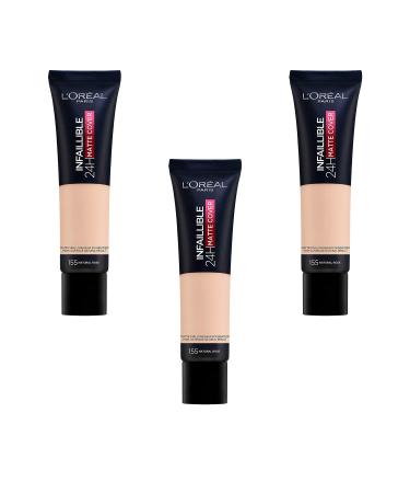 L'Oréal Paris Cover Liquid Foundation, with 4% Niacinamide, Long-Lasting & Natural, Available in 20 Shades, SPF 25, 32H Infallible Matte Coverage, Shade 155, 30ml (Packaging May Vary)
