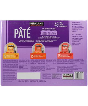 Kirkland Signature Wet Food Pate for Adult Cats - Chicken Turkey & Salmon Flavours Variety Pack - 45 x 99 Grams - Buy Online on GoSupps.com