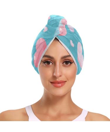 Pink Love Heart Blue Hair Towel 2 Pack Super Absorbent Hair Drying Towel Quick Dry Hair Turbans Head Towel with Button Twisty Wrap for Women Girls