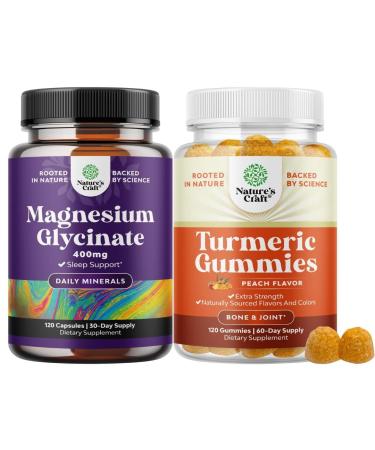Bundle of Pure Magnesium Glycinate Supplement 400mg Per Serving for Mood Sleep & Relaxation Support and Turmeric Gummies for Adults Peach Flavor with Turmeric Curcumin Black Pepper Extract Ginger