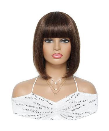 10 Inch Dark Brown Straight Bob Wig with Bangs - Brazilian Remy Human Hair, 130% Density, Glueless Full Machine Made Wig for Black Women - Buy Online on GoSupps.com