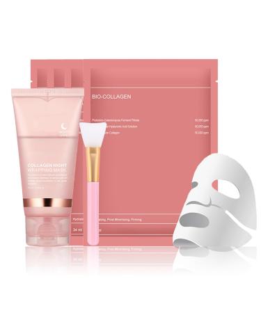 Bio Collagen Face Mask + Collagen Night Wrapping Mask with Face Mask Brush Korean Skin Care for Teenage Girls Face Masks Beauty Collagen Overnight Wrapping Peel Off Facial Mask Deep Hydration