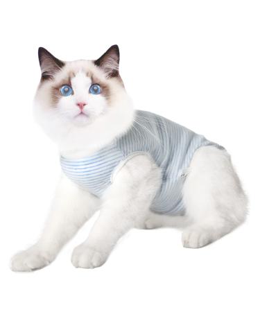 Dotoner Cat Professional Recovery Suit Surgical Recovery Shirt for Abdominal Wounds Bandages Cone E-Collar Alternative for Cats After Surgery Medical Suit Soft Pets Clothing S white blue stripes