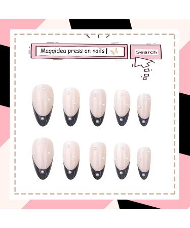 French False Nails: Medium Length Acrylic White Tip Almond Nails - 24pc with Glue - Elegant Black Pearl Press on Nails - Buy Online on GoSupps.com