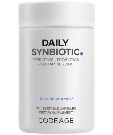 Codeage Daily Synbiotic Supplement - Prebiotics Lactobacillus & Bifidobacterium Probiotics L-Glutamine Zinc L-Carnosine DGL Synbiotic Probiotic BioPerine - Shelf-Stable - 30 Capsules