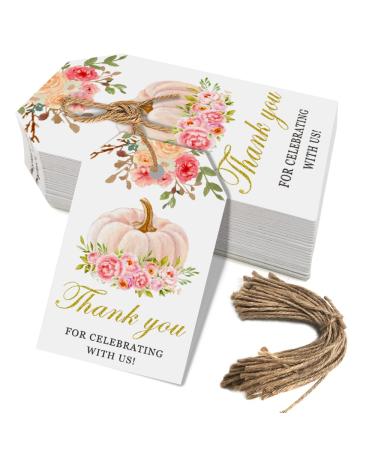 50 Pcs Pumpkin Gift Tags Fall Theme Pumpkin Gift Tags with String Thank You for Celebrating with Us Tags for Wedding Baby Shower Gender Reveal Birthday Party Decoration Supplies (Pink)