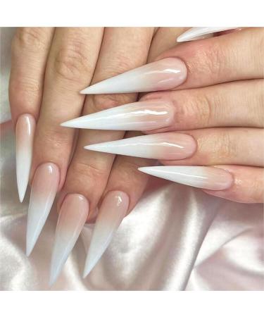 Long Press on Nails Stiletto Fake Nails Extra Long False Nails French Tip Glue on Nails Gradient Acrylic Nails Pink to White Press Ons Point Stick on Nails for Women and Girls 24 Pcs
