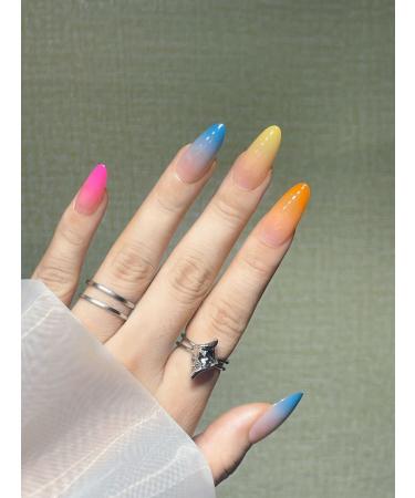 JUSTOTRY 24 Pcs Almond Multicolour Short False Nails GradientRainbow French Press on Nails Pattern Fake Nails Short with Nail Glue Oval Medium Stick on Nails for Women Nails Fake Nail for Nails Art Pastel&almond3