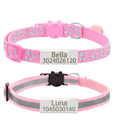 Senristar personalized 2 pack of reflective cat collar custom breakaway cat collars with name tag and bell anti-loss name tag cat collar for girls & boys neck: 20-28 cm pink