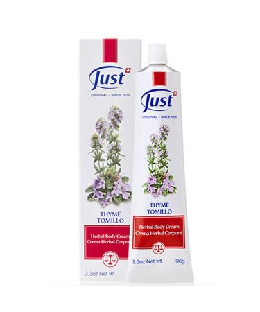 SwissJust Thyme Cream Thyme Tomillo Cream 96g. Massage Cream with Camphor Oil Lemon Eucalyptus Chamomile Essential Oil Rosemary Oil Soybean Oil and Pine Essential Oils.