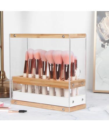 JackCubeDesign Acrylic Bamboo Brush Holder Organizer with Leather Drawer - White, 29 Holes, Beauty Cosmetic Display Stand - 8.77 x 3.34 x 8.42 inches - Buy Online on GoSupps.com