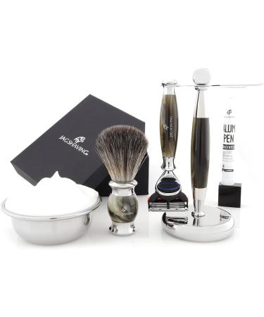 JAG Shaving Razor Set | 3-Part Lee Range | Real Roof Hair Brush | 5-Blade Security Razor & Stand | Premium Green Horn Imitation - Buy Online on GoSupps.com
