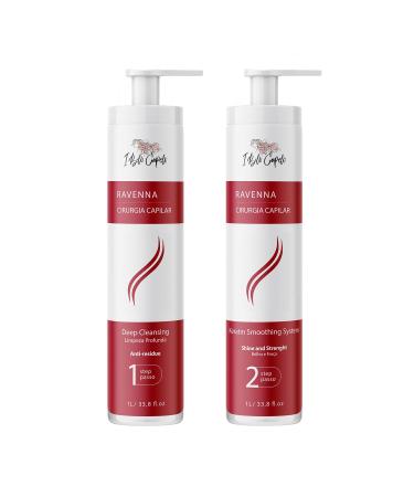 Ravenna Professional Keratin Long-lasting Straightening Effect - Cirugia Capilar - Celulas Madres Straightener System - 2x1L/33.8 Deep Cleansing (1L) + Keratin Smoothing (1L)