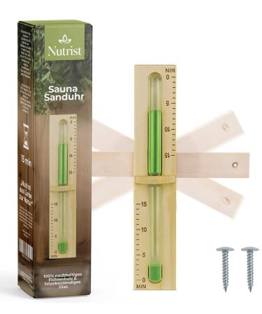 Nuttrist Sauna hourglass 15 minutes 100% sustainable forestry - green natural sand + 2 stainless steel screws - glass robust & heat resistant - sauna tube - Premium sauna accessories