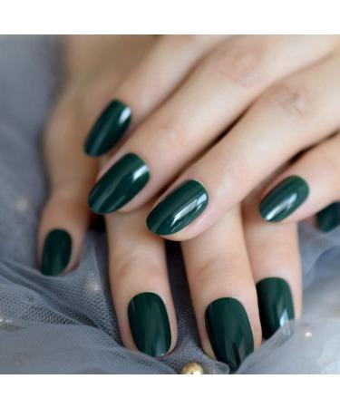 Hujl artificial nails 24 pieces of oval false nails green hidden sweet false nails shiny short nails with worn nails of the French acrylic cap office