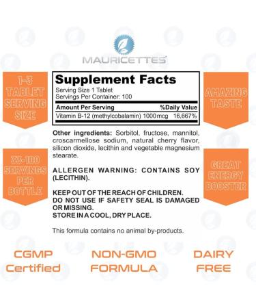 Mauricettes Chewable Vegan B12 Methylcobalamin - Cherry Flavored 1000 Tablets - Energy & Immune Support - Buy Online on GoSupps.com