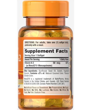 Puritan's Pride Vitamin K-2 (MenaQ7) 50 mcg - Bone and Heart Health Support - Buy Online on GoSupps.com