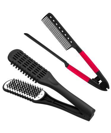 2 Pieces Straightening Comb For Hair  Boar Bristles Clamp Double Sided Brush Hair Straightening Brushes Comb Flat Iron Comb Hair Styling for Straightening Knotty Hair Unkempt Hair (Black  Rose Red)