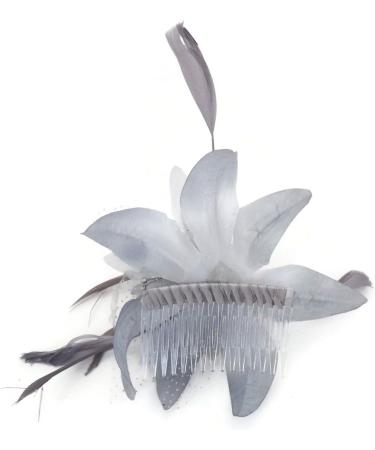 Feather and Flower Hair comb slide Fascinator with Glittery Spotty net Bridal Wedding Races Prom (Silver Grey) by Inca - Buy Online on GoSupps.com