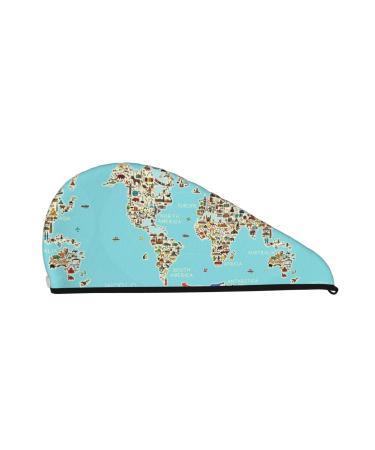 Hair Towel Wrap Hair Drying Towel with Button Towel Turban Head Towel to Dry Hair Quickly (World Travel Line Icons Map)