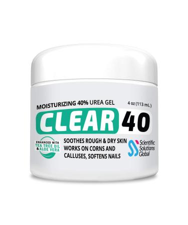 CLEAR 40, 40% Urea Gel, 4 oz w/Tea Tree & Coconut Oil, Aloe Vera Extract, Works on Calluses & Corns, Moisturizes & Softens Cracked Heels, Feet, Elbows, Hands, Nails, Superior Hydration to Urea Creams