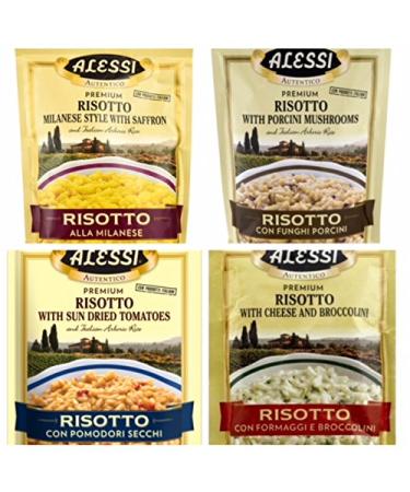 Alessi Premium Risotto 4 Flavor Bundle: Risotto Milanese Style with Saffron 8 oz, Risotto with Porcini Mushrooms 8 oz, Risotto with Dried Tomatoes 8 oz and Risotto with Cheese and Broccolini 6.5 oz.