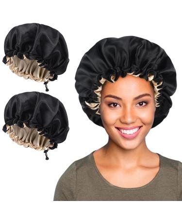 SUNLAND Satin Bonnet Hair Bonnet Silky Sleeping Cap Adjustable Satin Cap for Night Sleeping Hair Wrap Reversible Double Layer Black 2Pack Large blackX2