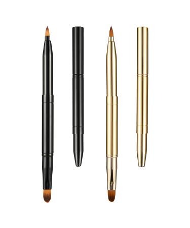 simarro 2Pcs Retractable Lip Brush for Lipstick Metal Double-Ended Travel Lip Makeup Brush Portable Lipstick Lip Gloss Brush with Cover Concealer Makeup Tool for Girls Women (Gold+Black)