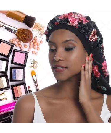 Extra Large Satin Bonnet for Curly Hair - Long Silk Sleeping Cap for Natural Frizzy Hair | Black Rose Flower Design - Buy Online on GoSupps.com