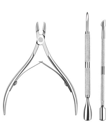 3 Piece Cuticle Pusher Set with Cuticle Nippers Nail Clippers and Cuticle Pusher (Silver) Silver 3