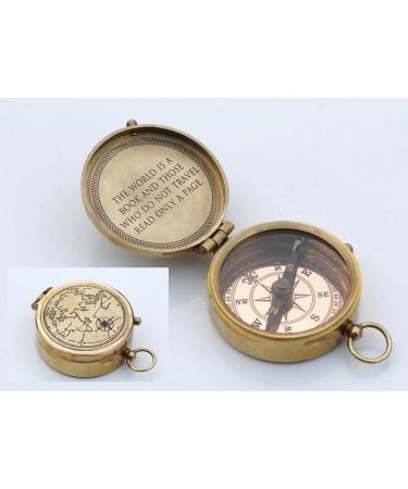 Antique Nautical Vintage Directional Magnetic Compass with Famous Scripture Quote Engraved Baptism Gifts with Leather Case or Wooden Case for Loved Ones Son Father Love Partner Spouse Fianc . "The world is a book and"