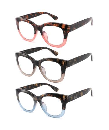3 Pack Oversized Reading Glasses for Women Blue Light Blocking Computer Readers Fashion Big Round Frame Eyeglasses with Spring Hinge Anti Glare/UV Ray Filter (+1.5 Magnification Strength) 3 Pack Mix Colors 1.5x