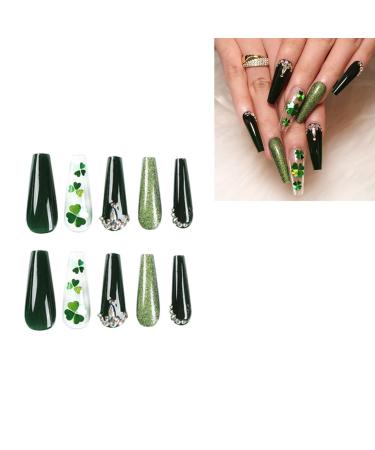 FEIlei 24pcs Fashion Long Almond False Nail French Four-Leaf Clovers Simple Fake Nail B