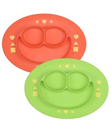 SERLY Baby Plates 2 Pack (Red/Green) - 100% Silicone Suction Plates for Babies - Baby Plates - Suction Plates for Toddlers - Toddler Plates - Baby Plates Microwave Dishwasher Safe - Learning Shapes