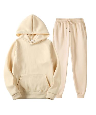 2Pcs Mens Sports Set Tracksuits Fall Winter Suit Hoodies Pullover Long Sleeve Outfits Sweatshirt and Sweatpants Khaki Large