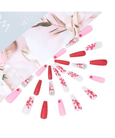 Brishow Red Press-On Nails with Heart Rhinestones | 24 Ballerina Acrylic Fake Nails for Women & Girls - International Shipping - Buy Online on GoSupps.com