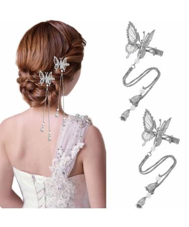 Bartosi Silver Butterfly Hair Pins Butterfly Hair Clips Tassel Hair Barrettes Metal Butterfly Hairpins Bride Wedding Head Pieces Hair Accessories for Women Girls (Pack of 2)