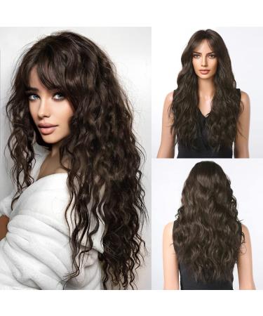 HAIRCUBE Long Brown Wavy Wigs for Women Synthetic Hair Wig with Bangs for Everyday Use Long Dark Brown