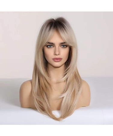HAIRCUBE Blonde Ombre Long Curly Wig with Bangs - Heat Resistant Synthetic Shoulder Length Wig for Women - Buy Online on GoSupps.com
