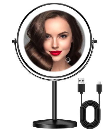 TOLOYE Lighted Makeup Mirror with Magnification  8Inch Rechargeable 1X/10X Magnifying Lighted Makeup Vanity Mirror Double Sided 360 Rotation Touch Sensor Dimming Brightness Cosmetic Mirror Black