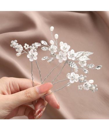 Unicra Silver Flower Hairpins - Crystal & Pearl Hair Accessories for Weddings | 3-Piece Set for Brides & Bridesmaids - Buy Online on GoSupps.com